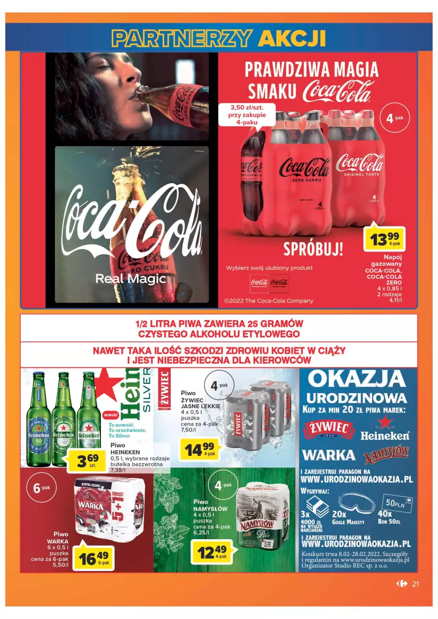Gazetka promocyjna Carrefour - Gazetka Carrefour - ważna 08.02 do 28.02.2022 - strona 21 - produkty: Coca-Cola, Fa, Gin, Gra, Napój, Napój gazowany, Piec, Piwa, Warka