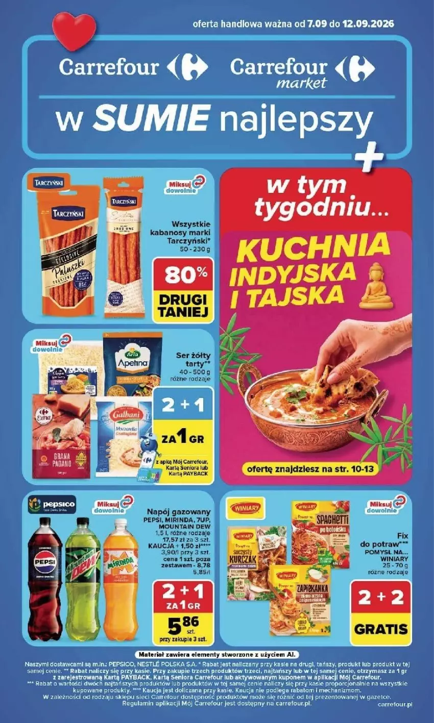 Gazetka promocyjna Carrefour - Gazetka Carrefour, Market w SUMIE najlpeszy, od poniedziałku - ważna 07.09 do 12.09.2026 - strona 1 - produkty: 7up, Fa, Kabanos, Mirinda, Napój, Napój gazowany, Pepsi, Pizza, Tarczyński, Winiary, Zapiekanka