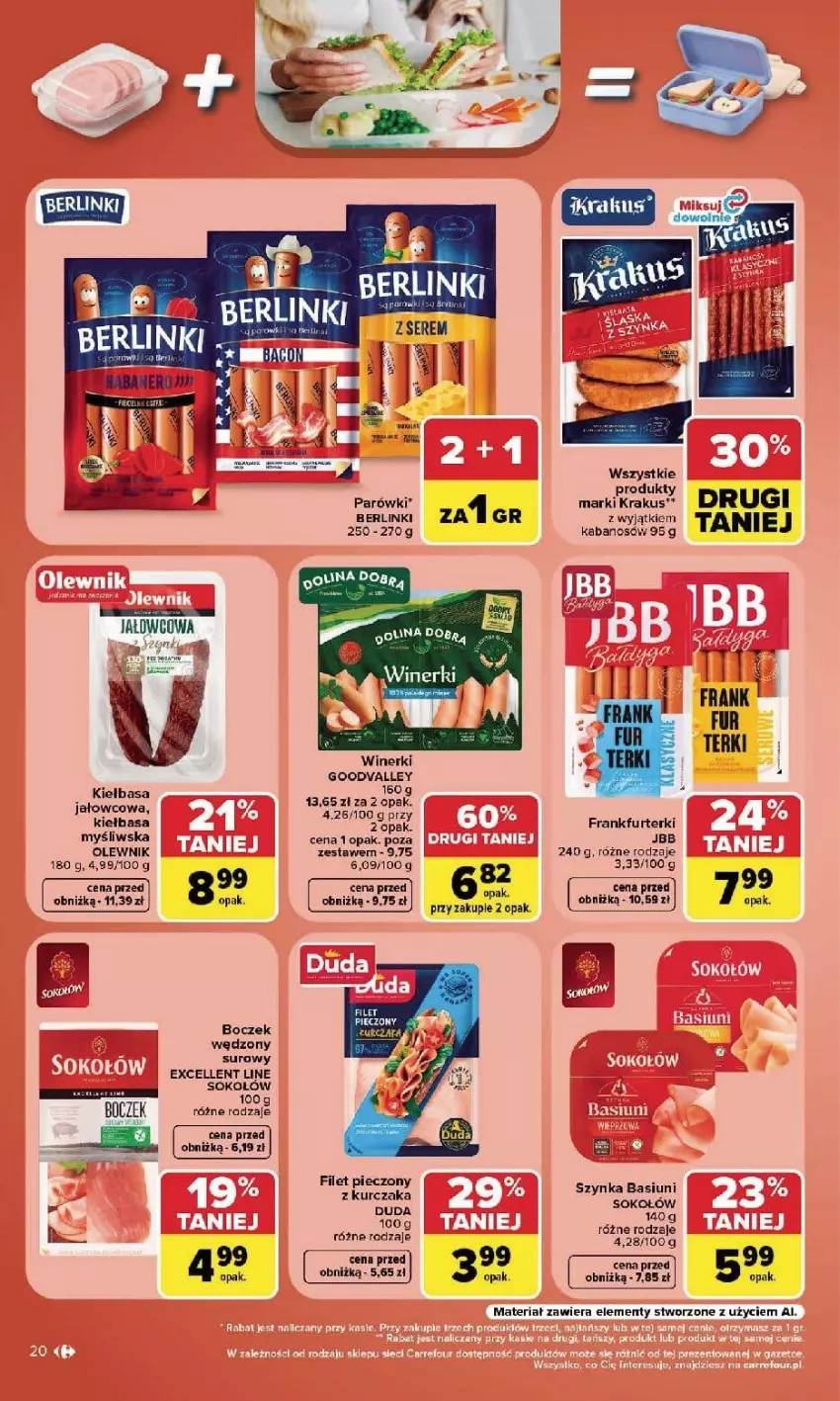 Gazetka promocyjna Carrefour - Gazetka Carrefour, Market w SUMIE najlpeszy, od poniedziałku - ważna 07.09 do 12.09.2026 - strona 22 - produkty: Berlinki, Boczek, Duda, Frankfurterki, Kabanos, Kiełbasa, Krakus, Kurczak, LG, Olewnik, Parówki, Piec, Ser, Sok, Sokołów, Szynka, Wiko