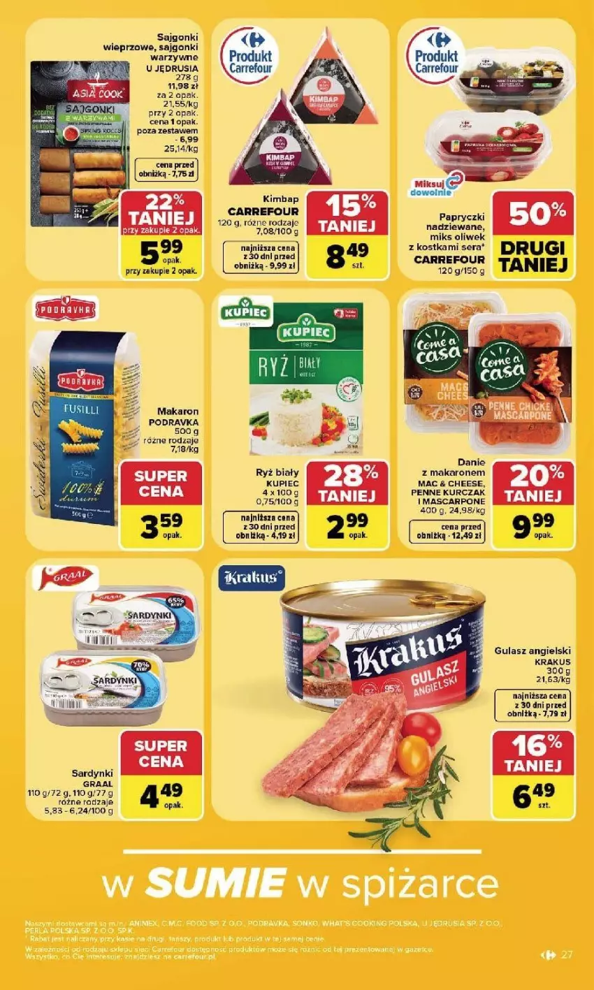 Gazetka promocyjna Carrefour - Gazetka Carrefour, Market w SUMIE najlpeszy, od poniedziałku - ważna 07.09 do 12.09.2026 - strona 29 - produkty: Gra, Graal, Kupiec, Kurczak, Makaron, Mascarpone, Papryczki nadziewane, Penne, Piec, Podravka, Ryż, Ryż biały, Sajgonki, Sardynki, Ser