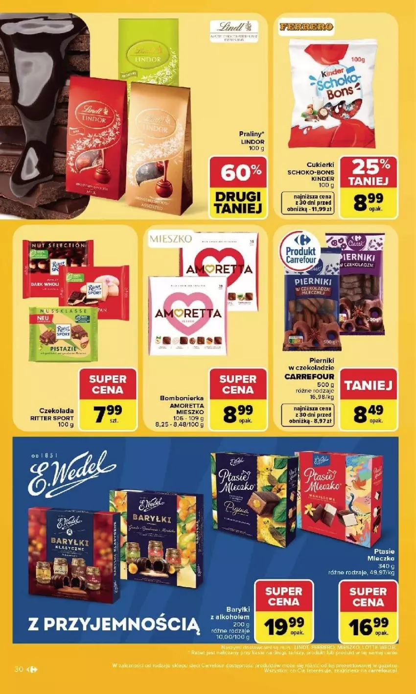 Gazetka promocyjna Carrefour - Gazetka Carrefour, Market w SUMIE najlpeszy, od poniedziałku - ważna 07.09 do 12.09.2026 - strona 32 - produkty: Cukier, Cukierki, Czekolada, Fa, Kinder, Lindor, Piernik, Pierniki w czekoladzie, Por, Praliny, Ritter Sport, Sport