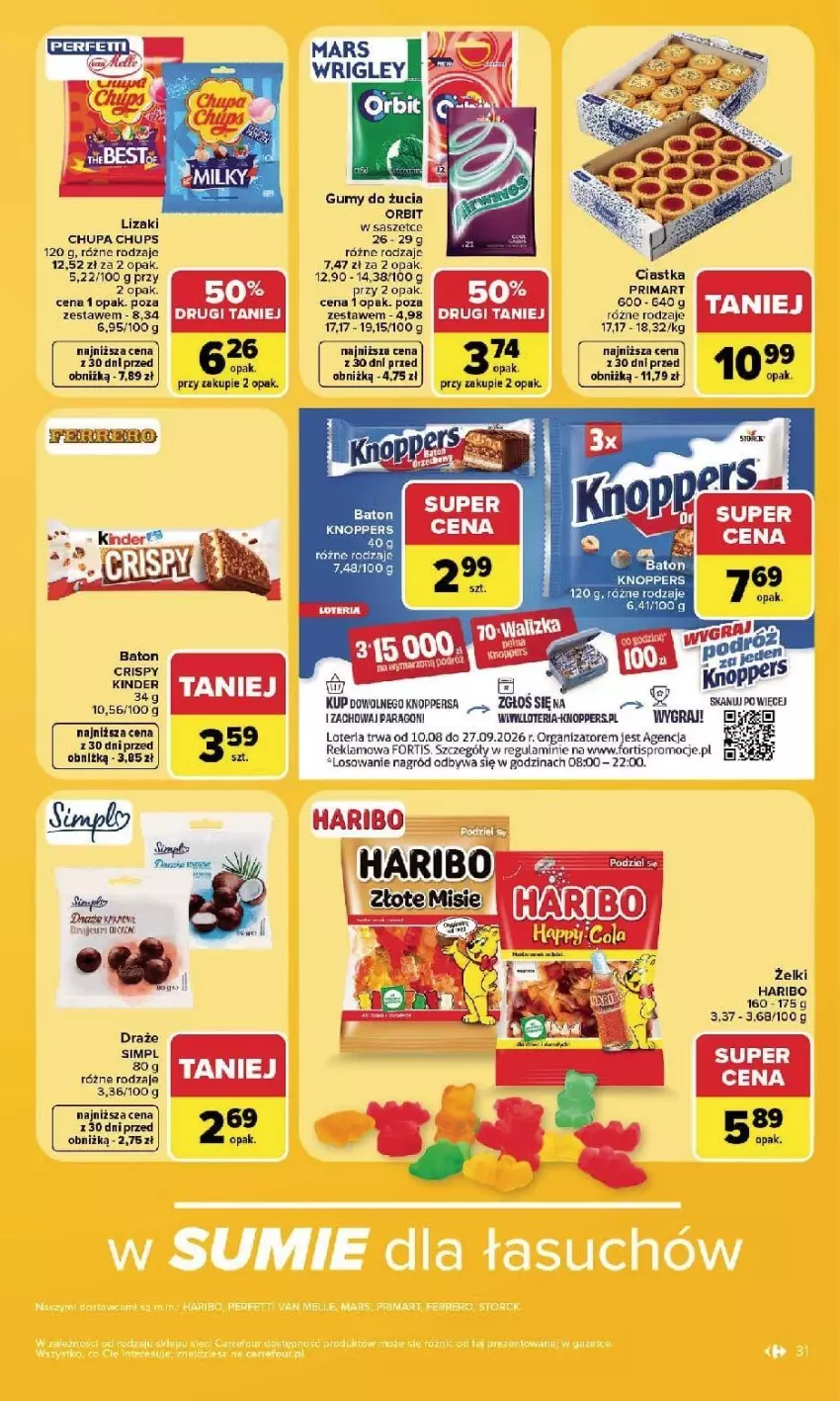 Gazetka promocyjna Carrefour - Gazetka Carrefour, Market w SUMIE najlpeszy, od poniedziałku - ważna 07.09 do 12.09.2026 - strona 33 - produkty: Baton, Chupa Chups, Ciastka, Fa, Gra, Haribo, Kinder, Knoppers, Lizaki, Mars, Orbit, Prima