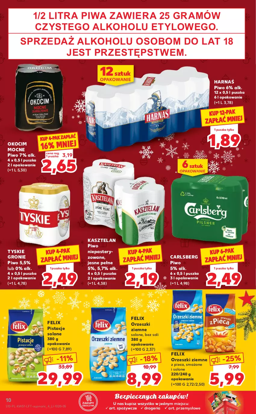 Gazetka promocyjna Kaufland - OFERTA TYGODNIA - ważna 22.12 do 28.12.2021 - strona 10 - produkty: Carlsberg, Felix, Gra, Harnaś, Kasztelan, Koc, Okocim, Orzeszki, Orzeszki ziemne, Piec, Pistacje, Piwa, Piwo, Tyskie