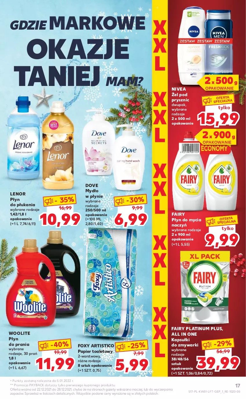 Gazetka promocyjna Kaufland - OFERTA TYGODNIA - ważna 22.12 do 28.12.2021 - strona 17 - produkty: Do mycia naczyń, Dove, Fa, Fairy, Foxy, Lenor, Mydło, Mydło w płynie, Nivea, Papier, Papier toaletowy, Płyn do mycia, Płyn do mycia naczyń, Płyn do płukania, Płyn do prania, Woolite, Zmywarki