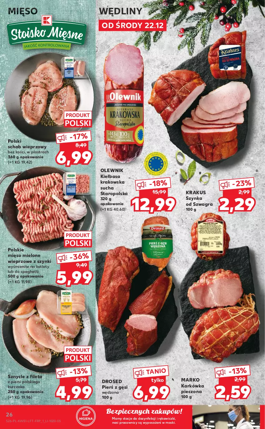 Gazetka promocyjna Kaufland - OFERTA TYGODNIA - ważna 22.12 do 28.12.2021 - strona 26 - produkty: Gra, Kiełbasa, Kiełbasa krakowska, Kotlet, Krakus, Kurczak, Mięso, Mięso mielone, Olewnik, Piec, Schab wieprzowy, Spaghetti, Szynka