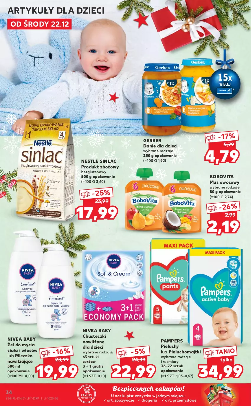 Gazetka promocyjna Kaufland - OFERTA TYGODNIA - ważna 22.12 do 28.12.2021 - strona 34 - produkty: BoboVita, Chusteczki, Danie dla dzieci, Dzieci, Gerber, Gra, Majtki, Mleczko, Mus, Nestlé, Nivea, Nivea Baby, Pampers, Piec, Pieluchomajtki, Pieluchy, Sinlac