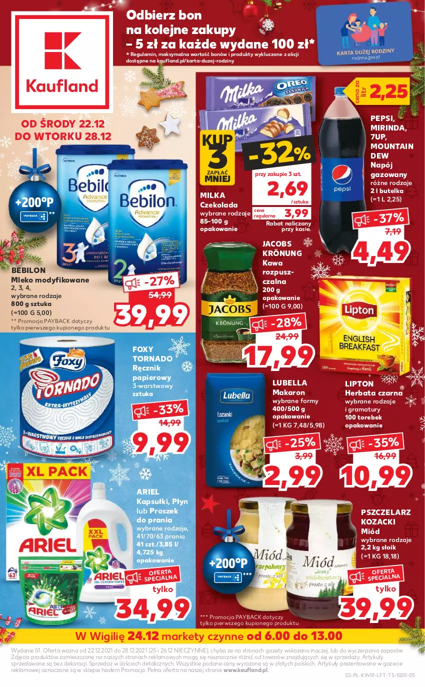 Gazetka promocyjna Kaufland - OFERTA TYGODNIA - ważna 22.12 do 28.12.2021 - strona 5 - produkty: 7up, Ariel, BEBILON, Bell, Bella, Czekolada, Foxy, Gra, Herbata, Herbata czarna, Jacobs, Jacobs Krönung, Kawa, Kawa rozpuszczalna, Lipton, Lubella, Makaron, Milka, Miód, Mirinda, Mleko, Mleko modyfikowane, Napój, Napój gazowany, Olej, Papier, Pepsi, Proszek do prania, Rama, Ręcznik