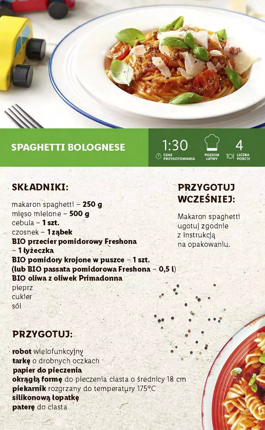 Gazetka promocyjna Lidl - KATALOG Z OFERTĄ BIO - ważna 04.10 do 07.10.2021 - strona 4 - produkty: Cebula, Cukier, Czosnek, Makaron, Mięso, Mięso mielone, Oliwa z oliwek, Papier, Papier do pieczenia, Piec, Pieprz, Pomidory, Pomidory krojone, Prima, Robot, Sól, Spaghetti