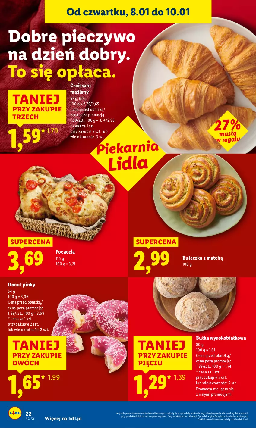 Gazetka promocyjna Lidl - GAZETKA - ważna 08.01 do 10.01.2026 - strona 22 - produkty: Bułka, Croissant, Donut, Focaccia, Piec, Pieczywo, Rogal, Sok