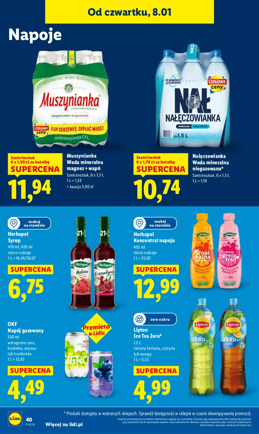Gazetka promocyjna Lidl - GAZETKA - ważna 08.01 do 10.01.2026 - strona 40 - produkty: Ananas, Borówka, Herbapol, Herbata, Ice tea, Lipton, Magnez, Mango, Mus, Muszynianka, Nałęczowianka, Napój, Napój gazowany, Napoje, Syrop, Wino, Woda, Woda mineralna