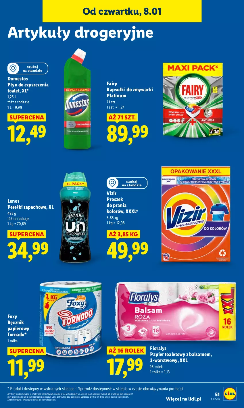 Gazetka promocyjna Lidl - GAZETKA - ważna 08.01 do 10.01.2026 - strona 51 - produkty: Domestos, Fa, Fairy, Flora, Foxy, Lenor, Papier, Papier toaletowy, Perełki zapachowe, Proszek do prania, Ręcznik, Vizir, Zmywarki