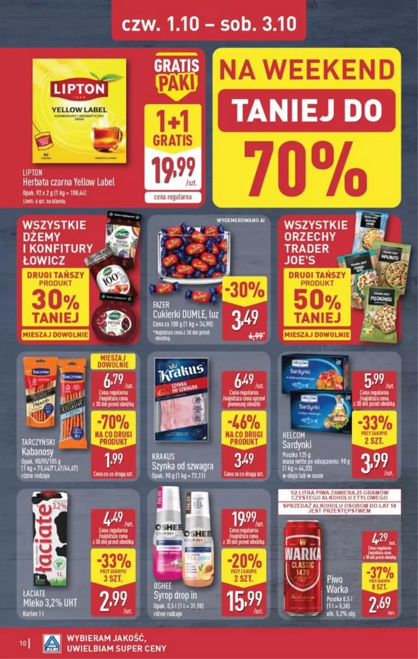 Gazetka promocyjna Aldi - Oferta weekendowa - ważna 01.10 do 03.10.2026 - strona 10 - produkty: Gra, HELCOM, Herbata, Herbata czarna, Kabanos, Lipton, Mleko, Olej, Piwa, Tarczyński, Warka