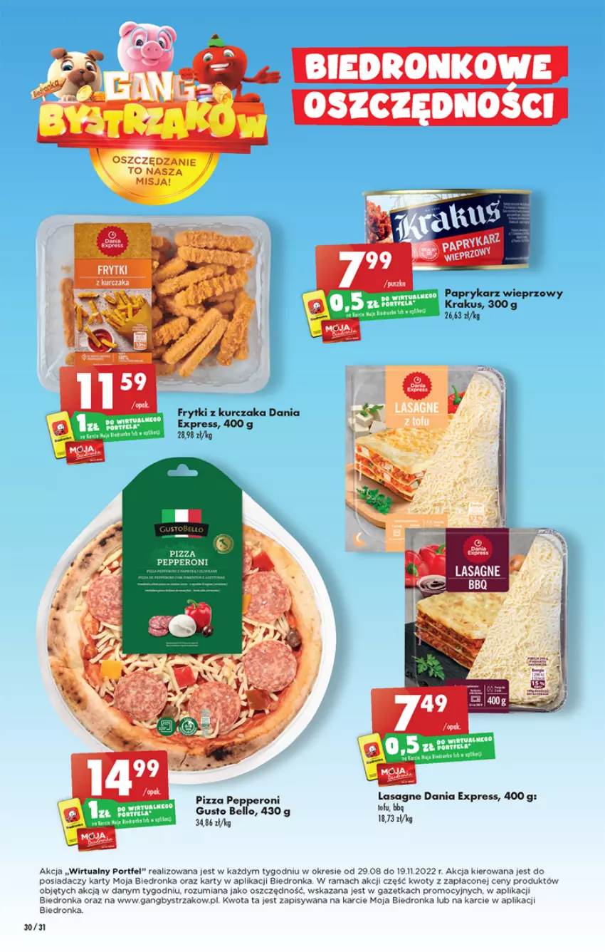 Gazetka promocyjna Biedronka - W tym tygodniu - ważna 22.09 do 28.09.2022 - strona 30 - produkty: Bell, Frytki, Krakus, Kurczak, Lasagne, O nas, Papryka, Paprykarz, Pizza, Por, Rama