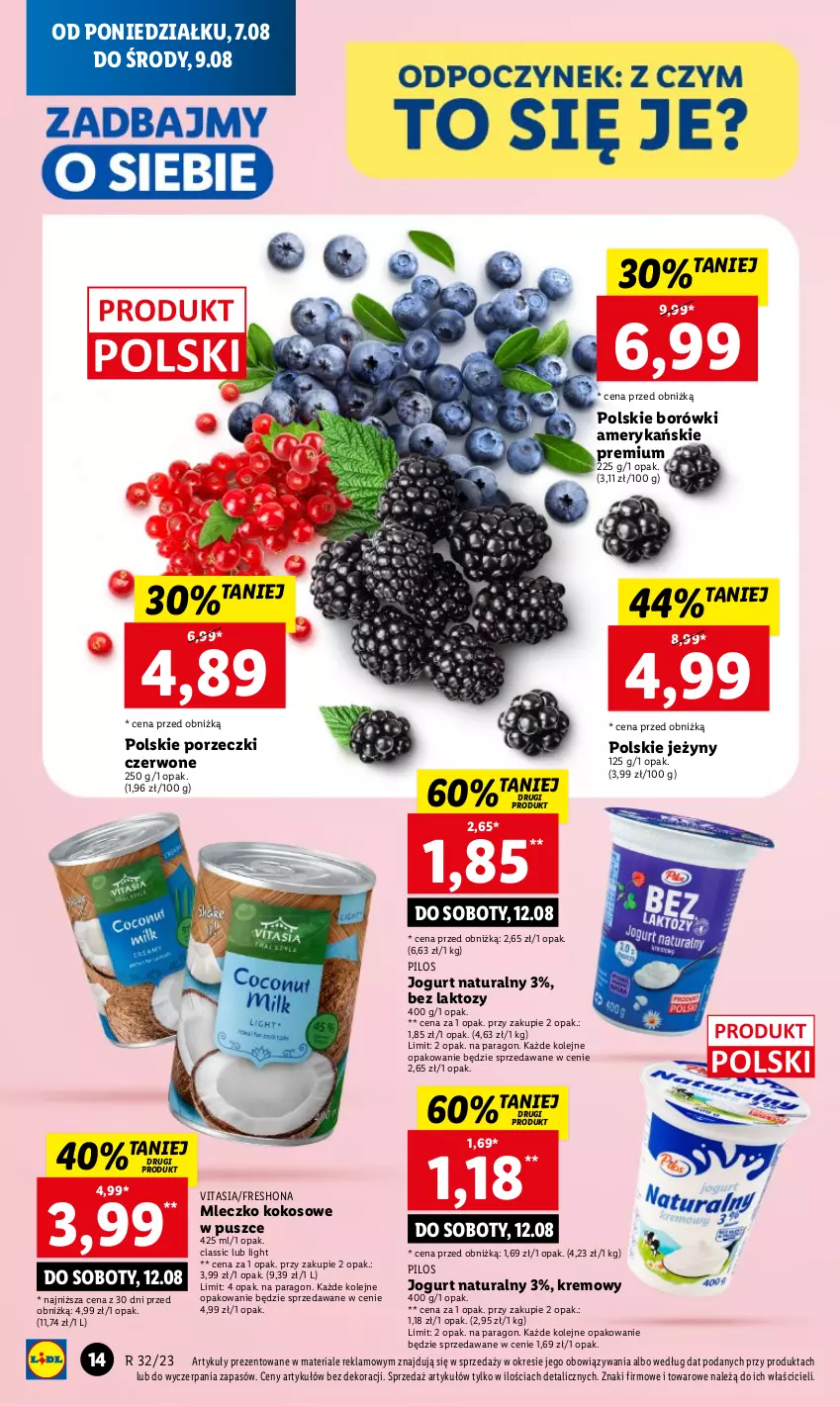 Gazetka promocyjna Lidl - od Poniedziałku - ważna 07.08 do 12.08.2023 - strona 30 - produkty: Jeżyny, Jogurt, Jogurt naturalny, Kokos, Mleczko, Olej, Pilos, Por, Porzeczki czerwone