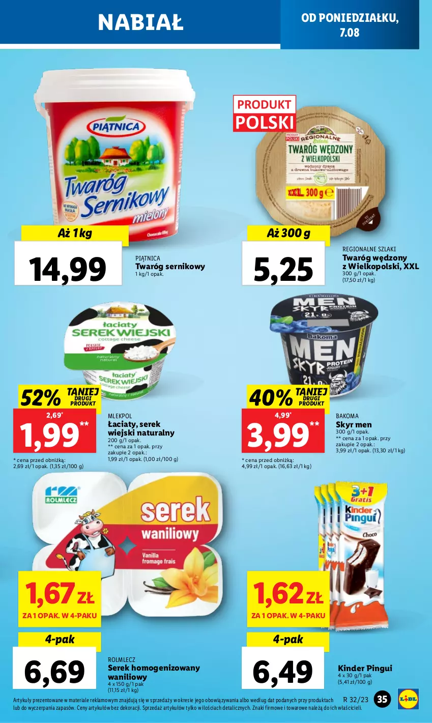 Gazetka promocyjna Lidl - od Poniedziałku - ważna 07.08 do 12.08.2023 - strona 51 - produkty: Bakoma, Kinder, Piątnica, Rolmlecz, Ser, Serek, Serek homogenizowany, Serek wiejski, Twaróg