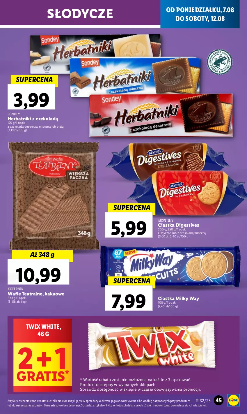 Gazetka promocyjna Lidl - od Poniedziałku - ważna 07.08 do 12.08.2023 - strona 63 - produkty: Ciastka, Deser, Gra, Herbatniki, Kakao, Milky Way, Ser, Twix, Wafle