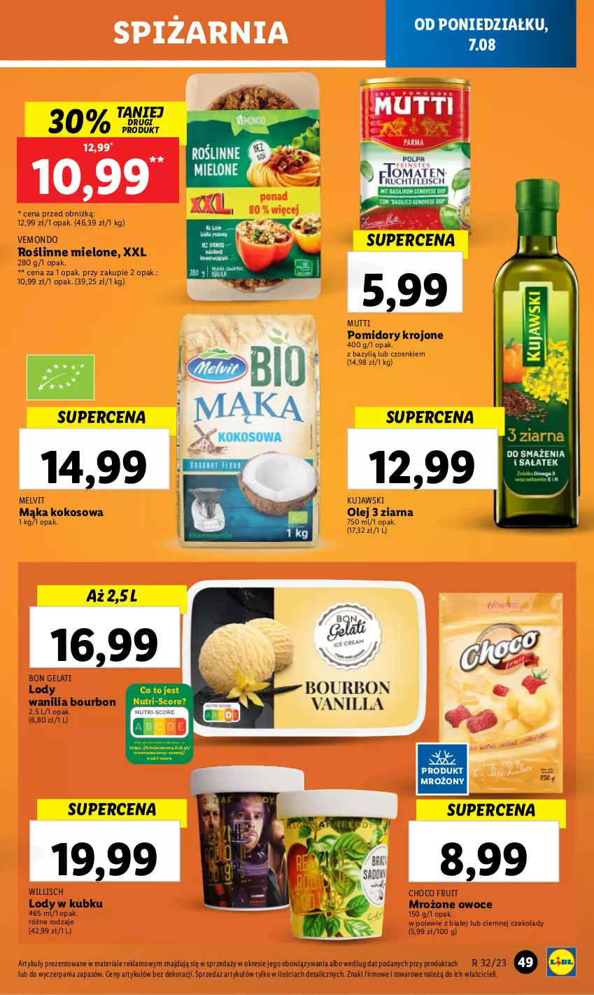 Gazetka promocyjna Lidl - od Poniedziałku - ważna 07.08 do 12.08.2023 - strona 67 - produkty: Bazyl, Bourbon, Kokos, Kujawski, Lody, Mąka, Melvit, Olej, Owoce, Pomidory, Pomidory krojone, Wazon