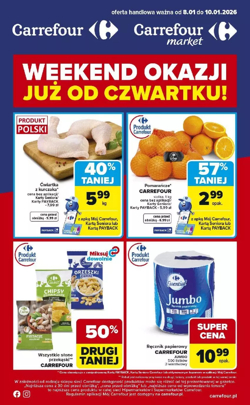 Gazetka promocyjna Carrefour - Gazetka Weekend okazji już od czwartku! - ważna 08.01 do 10.01.2026 - strona 1 - produkty: Fa, Kurczak, Papier, Ręcznik, Siatka