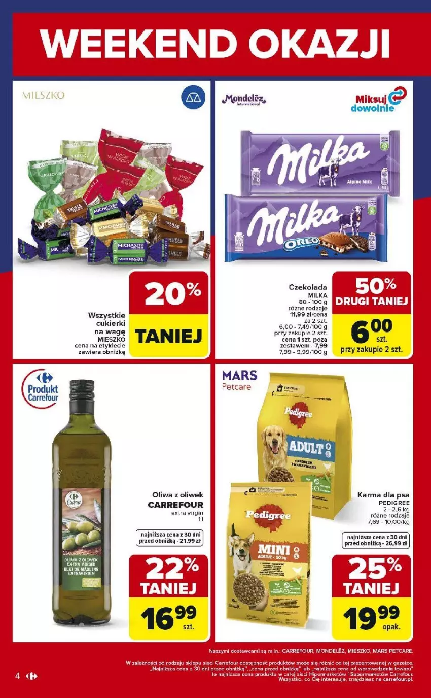 Gazetka promocyjna Carrefour - Gazetka Weekend okazji już od czwartku! - ważna 08.01 do 10.01.2026 - strona 4 - produkty: Cukier, Cukierki, Czekolada, Gin, Mars, Milka, Oliwa, Oliwa z oliwek, Pedigree, Saska