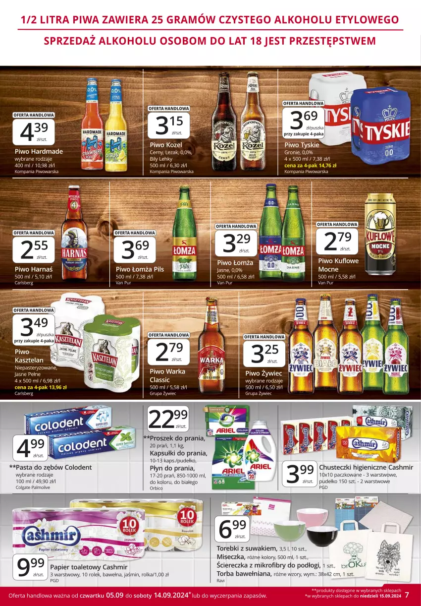 Gazetka promocyjna Market Vita - Gazetka – Marketvita - ważna 05.09 do 14.09.2024 - strona 7 - produkty: BIC, Carlsberg, Chusteczki, Colgate, Harnaś, Kapsułki do prania, Kasztelan, Kozel, LG, Miseczka, Palmolive, Papier, Papier toaletowy, Pasta do zębów, Piwo, Płyn do prania, Proszek do prania, Pudełko, Pur, Torba, Tyskie, Warka, Wełna