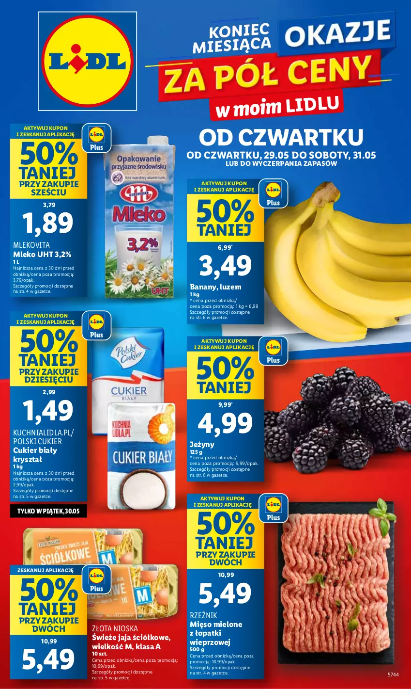 Gazetka promocyjna Lidl - GAZETKA - ważna 29.05 do 31.05.2025 - strona 1 - produkty: Banany, Cukier, Jaja, Jeżyny, Kuchnia, Mięso, Mięso mielone, Mięso mielone z łopatki wieprzowej, Mleko, Mlekovita
