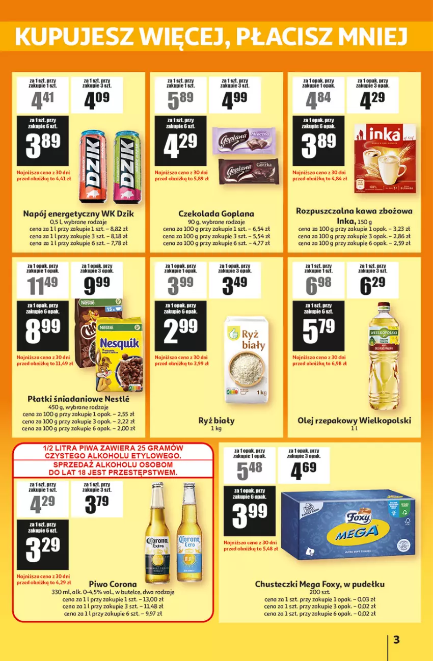 Gazetka promocyjna Auchan - ATAC Hiper Discount - ważna 15.07 do 05.08.2026 - strona 3 - produkty: Chusteczki, Czekolada, Danio, Foxy, Goplana, Inka, Kawa, Kawa zbożowa, LANA, Napój, Napój energetyczny, Olej, Olej rzepakowy, Piwo, Ryż, Ryż biały