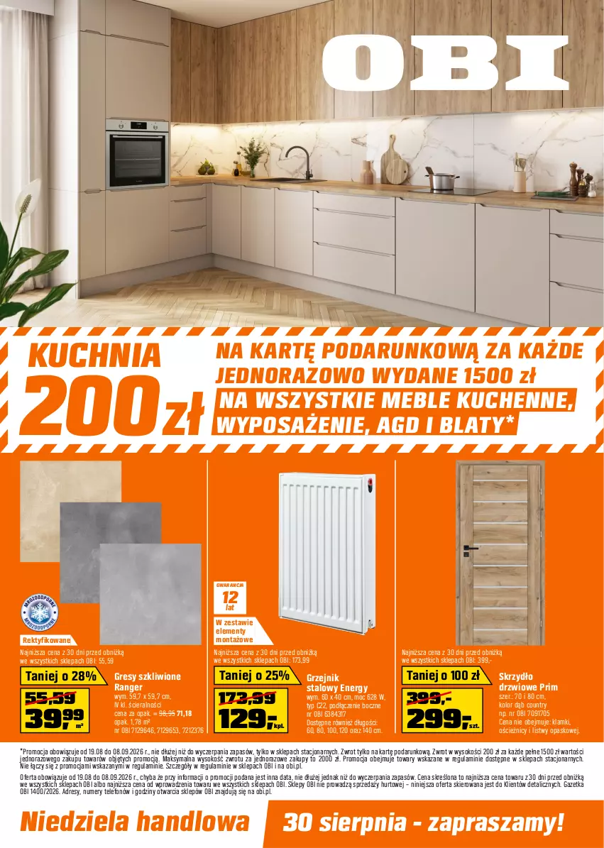 Gazetka promocyjna Obi - Gazetka OBI - ważna 19.08 do 08.09.2026 - strona 1 - produkty: Dres, Drzwi, Gres, Grzejnik, Grzejnik stalowy, Kuchnia, Meble, Skrzydło drzwiowe, Sok, Telefon