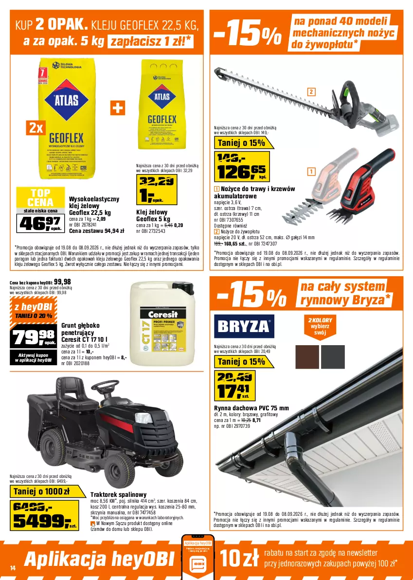 Gazetka promocyjna Obi - Gazetka OBI - ważna 19.08 do 08.09.2026 - strona 14 - produkty: Akumulator, Bryza, Ceresit, Fa, Gala, Geoflex, Gra, Grunt, Klej, Kompresor, Kosz, Myjka ciśnieniowa, Noż, Nożyce, Olej, Rama, Sok, Szlifierka, Szlifierka kątowa, Tarka, Top, Traktor, Tran, Walizka, Warka, Wkręt, Wkrętarka