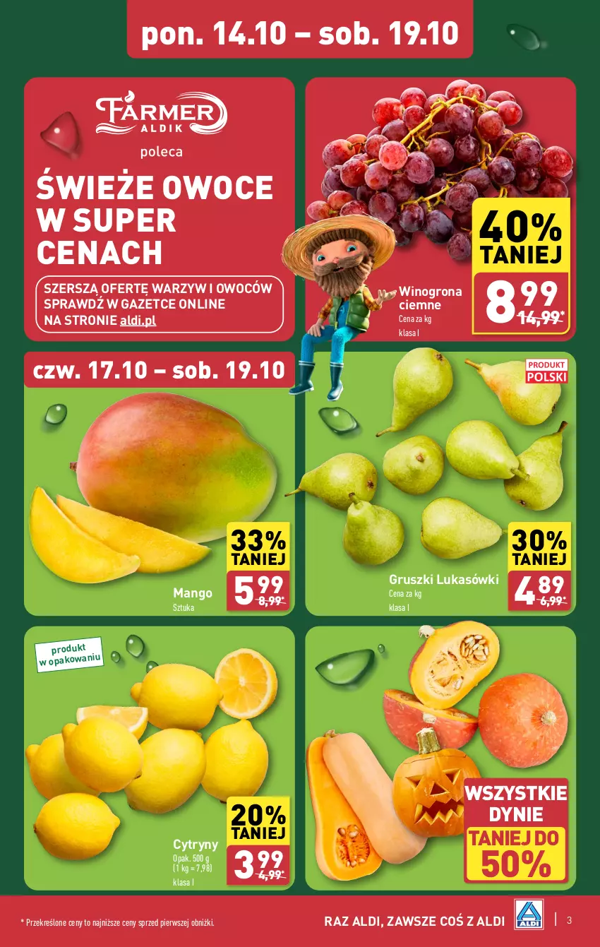 Gazetka promocyjna Aldi - Farmer ALDIK poleca świeże owoce i warzywa - ważna 14.10 do 19.10.2024 - strona 3 - produkty: Cytryny, Gruszki, Mango, Owoce, Wino, Winogrona