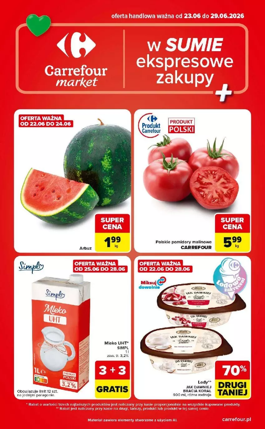 Gazetka promocyjna Carrefour - Gazetka Carrefour Market w SUMIE ekspresowe zakupy - ważna 23.06 do 29.06.2026 - strona 1 - produkty: Fa, Lody, Mleko, Pomidory