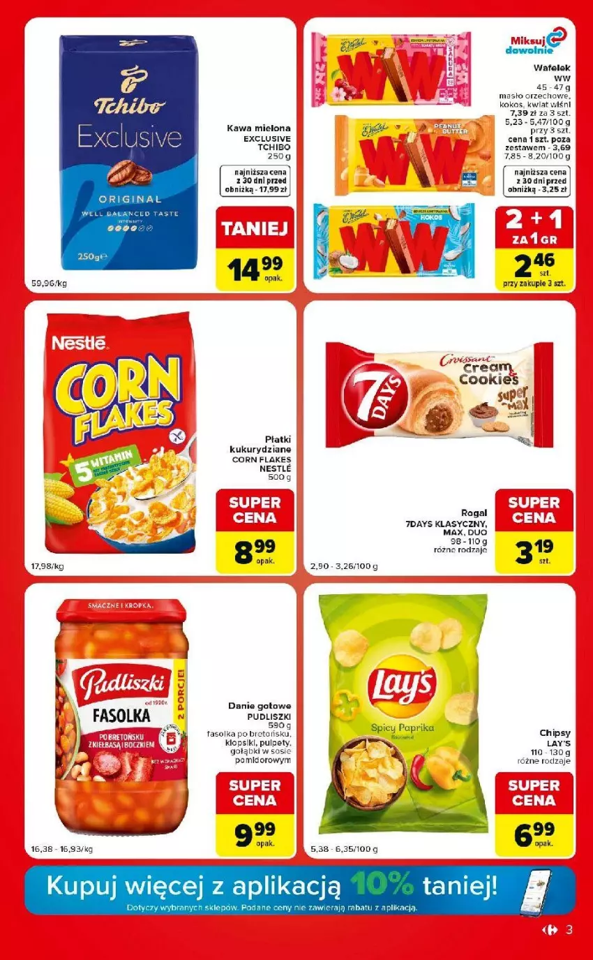 Gazetka promocyjna Carrefour - Gazetka Carrefour Market w SUMIE ekspresowe zakupy - ważna 23.06 do 29.06.2026 - strona 3 - produkty: Chipsy, Corn flakes, Danie gotowe, Fa, Gin, Kawa, Kawa mielona, Klopsiki, Kokos, Lion, Masło, Masło orzechowe, Pudliszki, Pulpety, SEKO, Sos, Tchibo, Wawel