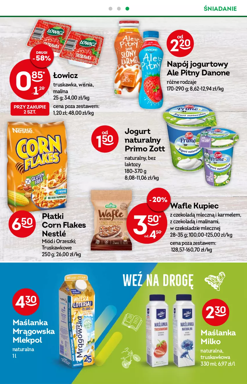 Gazetka promocyjna Żabka - ważna 13.07 do 19.07.2022 - strona 28 - produkty: Corn flakes, Danone, Jogurt, Jogurt naturalny, Kupiec, Maślanka, Miód, Napój, Napój jogurtowy, Nestlé, Orzeszki, Piec, Wafle, Zott