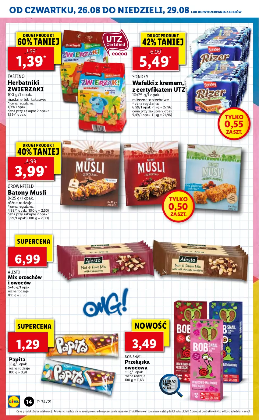 Gazetka promocyjna Lidl - GAZETKA - ważna 26.08 do 29.08.2021 - strona 14 - produkty: Baton, Herbatniki, Kakao, Mus