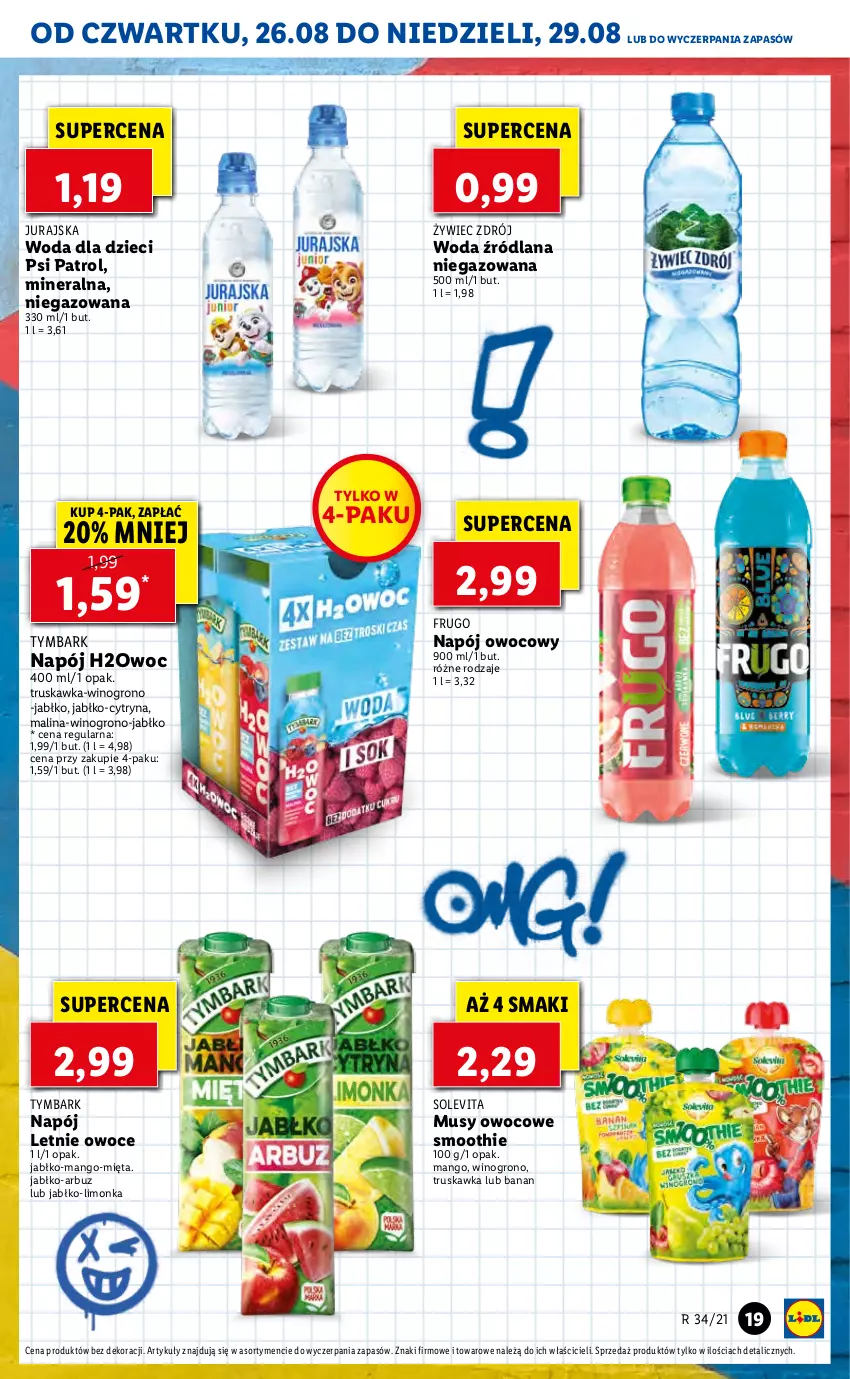 Gazetka promocyjna Lidl - GAZETKA - ważna 26.08 do 29.08.2021 - strona 19 - produkty: Arbuz, Dzieci, LANA, Limonka, Mango, Mięta, Mus, Napój, Owoce, Psi Patrol, Smoothie, Tymbark, Wino, Woda