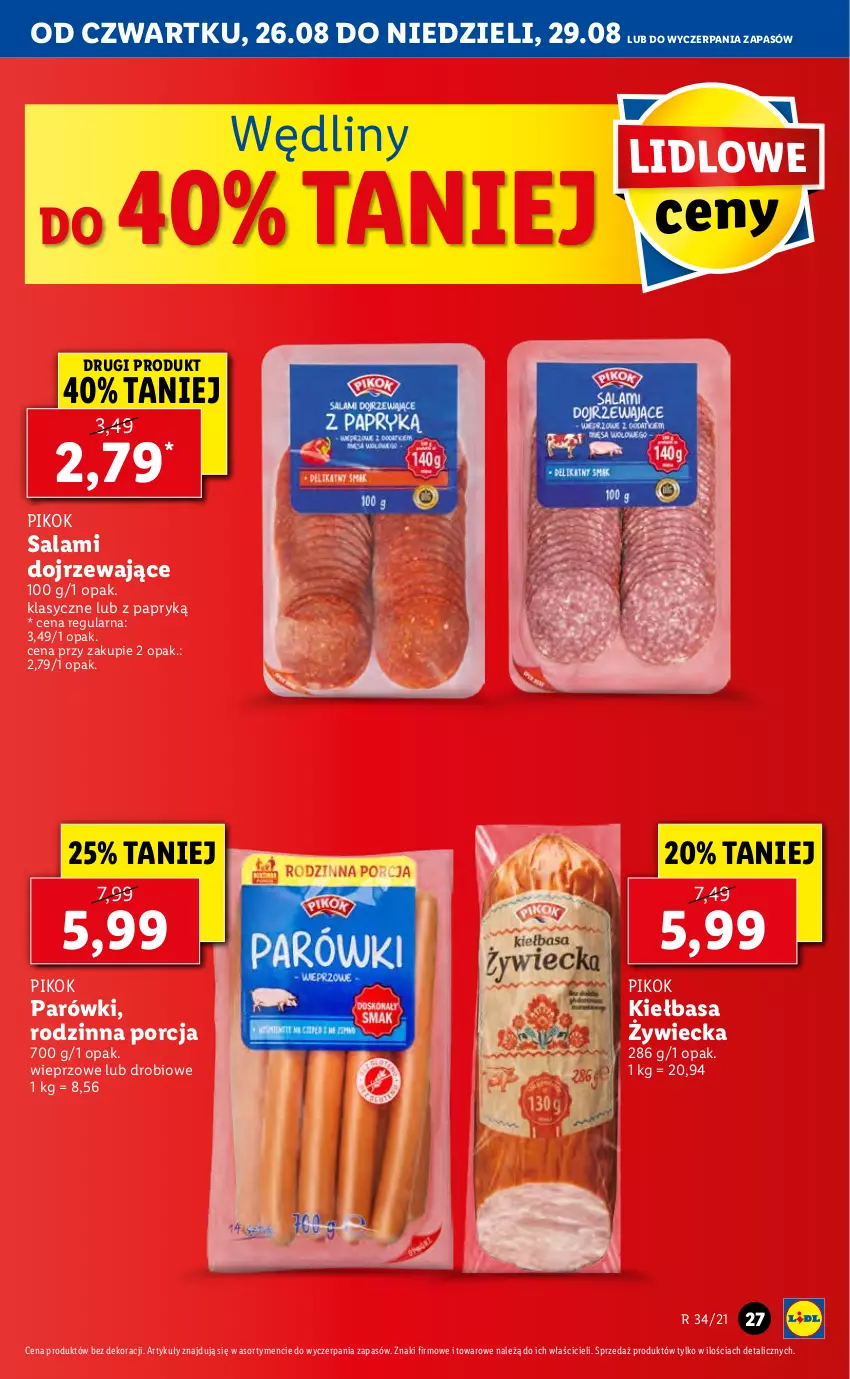 Gazetka promocyjna Lidl - GAZETKA - ważna 26.08 do 29.08.2021 - strona 27 - produkty: Kiełbasa, Parówki, PIKOK, Por, Salami