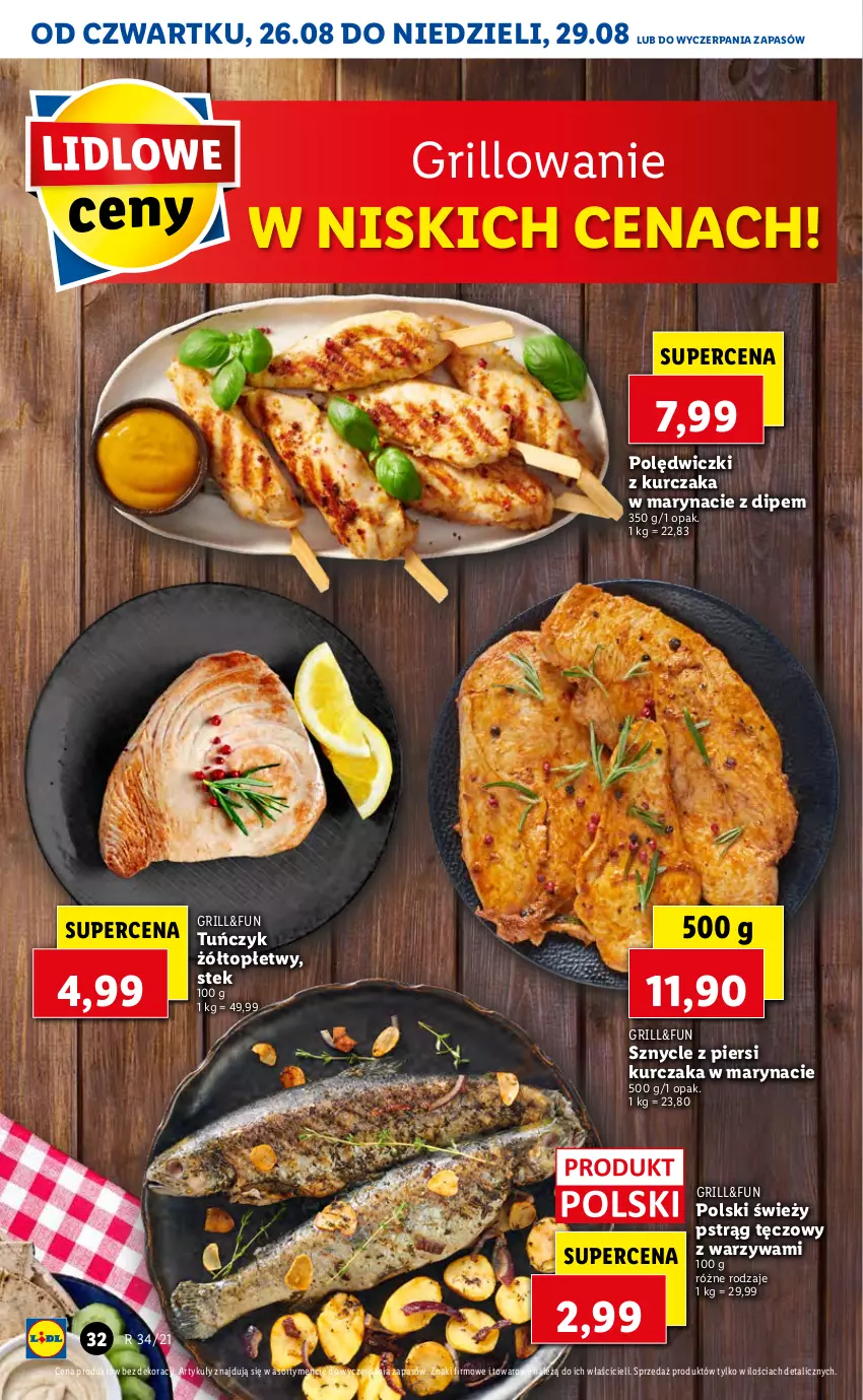 Gazetka promocyjna Lidl - GAZETKA - ważna 26.08 do 29.08.2021 - strona 32 - produkty: Grill, Kurczak, Polędwiczki z kurczaka, Pstrąg, Pstrąg tęczowy, Stek, Top, Tuńczyk, Warzywa