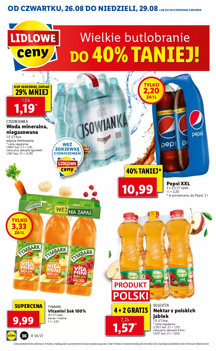 Gazetka promocyjna Lidl - GAZETKA - ważna 26.08 do 29.08.2021 - strona 36 - produkty: Cisowianka, Gra, Nektar, Pepsi, Por, Sok, Tymbark, Woda, Woda mineralna