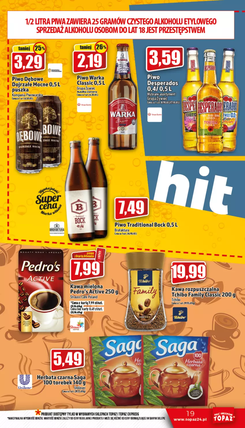 Gazetka promocyjna Topaz - Gazetka - ważna 15.10 do 19.10.2022 - strona 19 - produkty: Desperados, Fa, Herbata, Herbata czarna, Kawa, Kawa rozpuszczalna, Piwo, Saga, Top, Warka