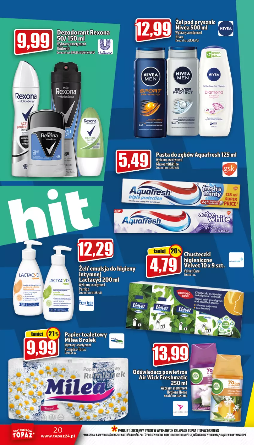 Gazetka promocyjna Topaz - Gazetka - ważna 15.10 do 19.10.2022 - strona 20 - produkty: Air Wick, Aquafresh, Chusteczki, Dezodorant, Emulsja, Lactacyd, Nivea, Odświeżacz powietrza, Papier, Papier toaletowy, Pasta do zębów, Rexona, Sok, Top, Velvet