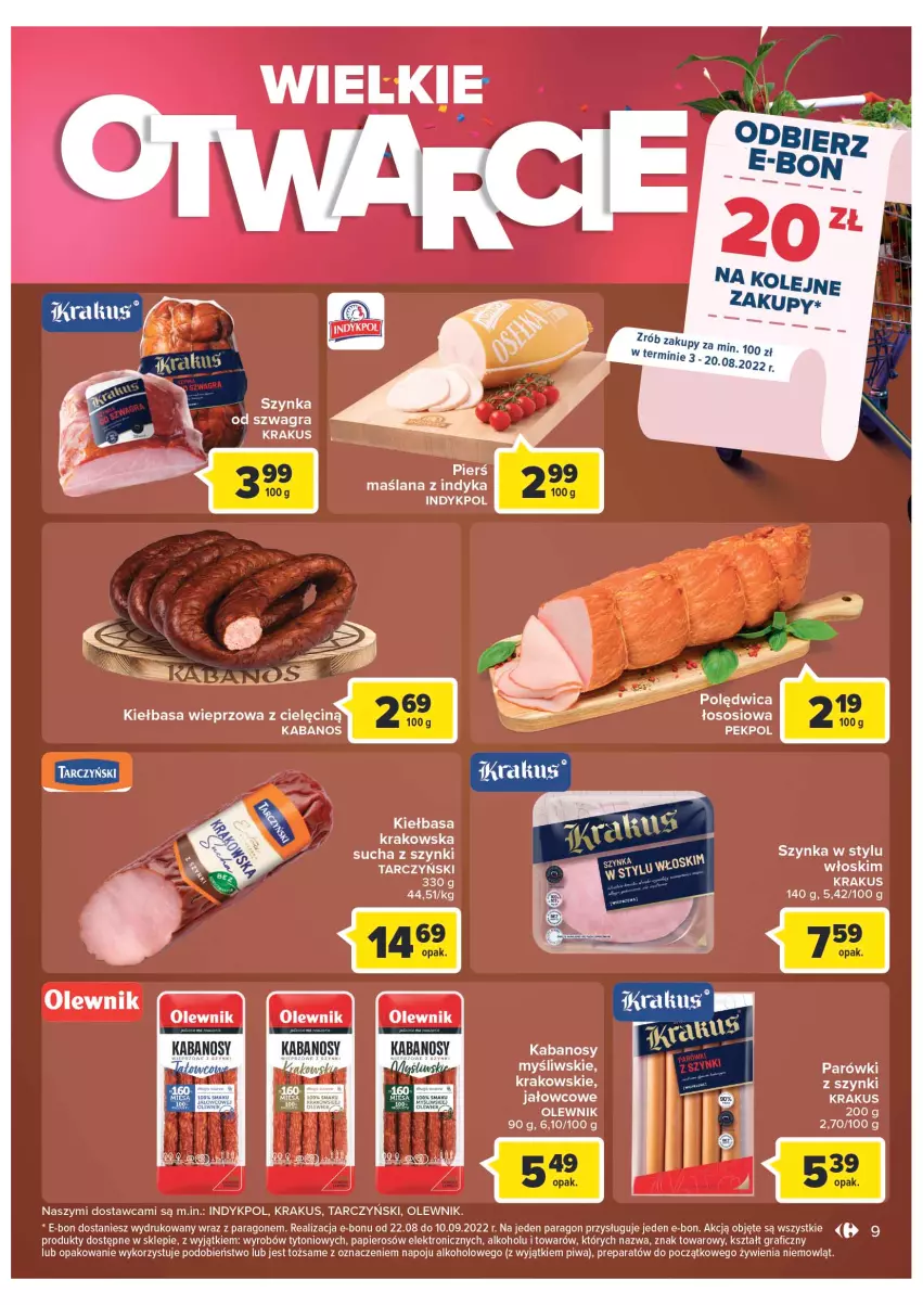 Gazetka promocyjna Carrefour - Gazetka Wielkie otwarcie Market Inowrocław - ważna 03.08 do 13.08.2022 - strona 9 - produkty: Gra, Kabanos, Kiełbasa, Krakus, LANA, LG, Olej, Olewnik, Papier, Piwa, Sos, Szynka, Tarczyński