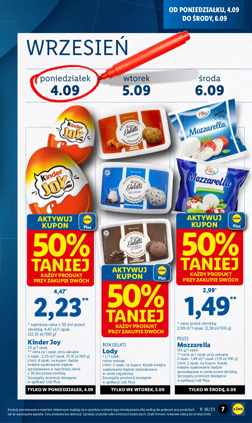 Gazetka promocyjna Lidl - GAZETKA - ważna 04.09 do 06.09.2023 - strona 13 - produkty: Kinder, Lody, Mozzarella, Olej, Pilos