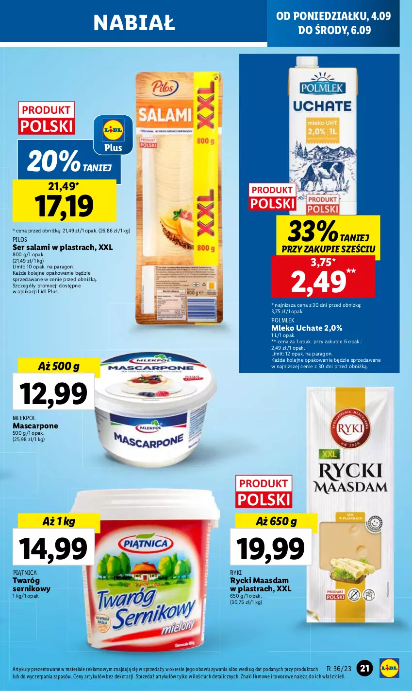 Gazetka promocyjna Lidl - GAZETKA - ważna 04.09 do 06.09.2023 - strona 35 - produkty: Maasdam, Mascarpone, Mleko, Olej, Salami, Ser, Ser salami, Twaróg