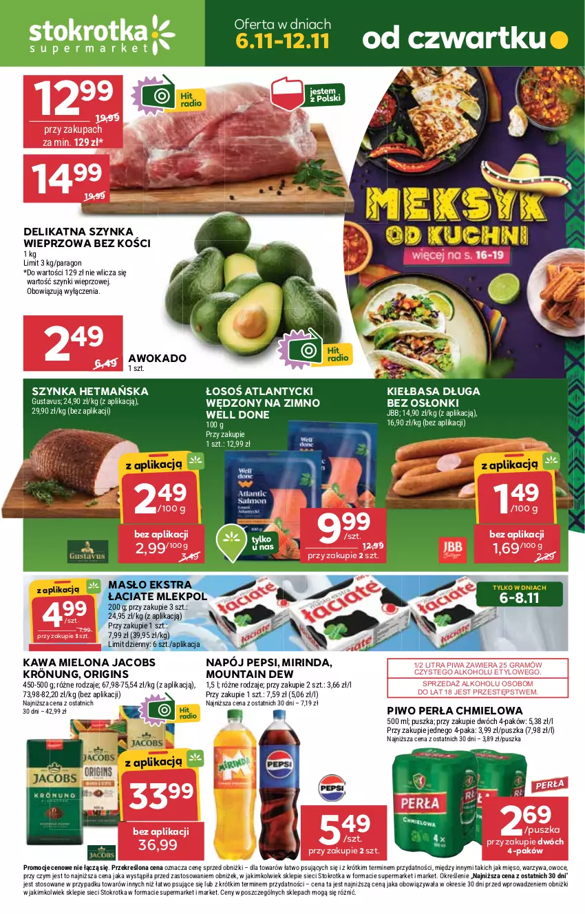 Gazetka promocyjna Stokrotka - Supermarket - ważna 06.11 do 12.11.2025 - strona 1 - produkty: Gin, Gra, Jacobs, Jacobs Krönung, Kawa, Kawa mielona, Kiełbasa, Masło, Mięso, Mirinda, Napój, Owoce, Pepsi, Perła, Piwa, Piwo, Szynka, Szynka wieprzowa, Warzywa