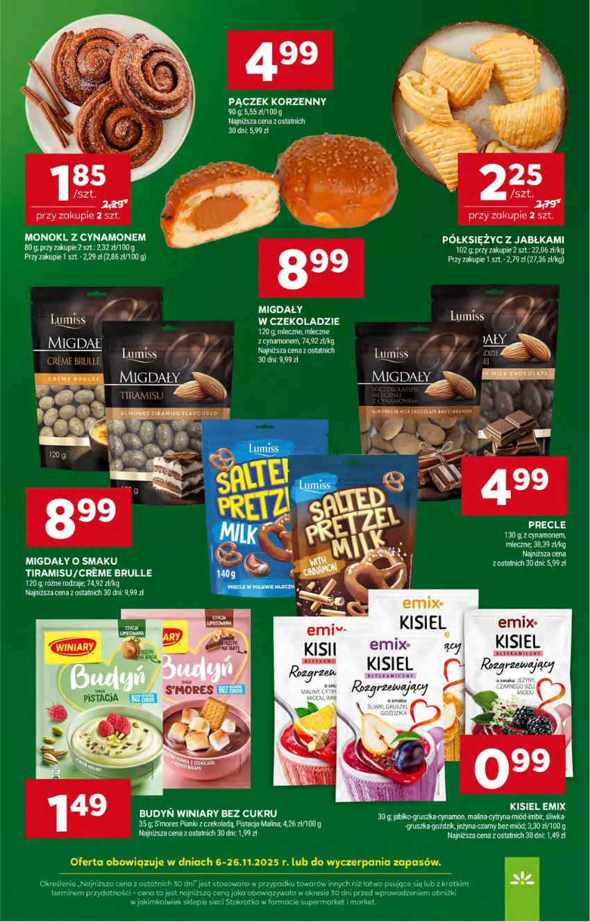 Gazetka promocyjna Stokrotka - Supermarket - ważna 06.11 do 12.11.2025 - strona 28 - produkty: Budyń, Kisiel, Migdały, Migdały w czekoladzie, Miód, Pączek, Precle, Winiary