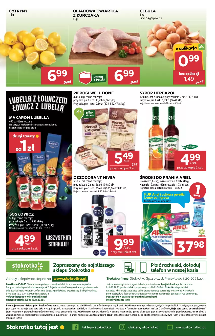 Gazetka promocyjna Stokrotka - Supermarket - ważna 06.11 do 12.11.2025 - strona 43 - produkty: Ariel, Bell, Bella, Cebula, Cytryny, Dezodorant, Dres, Herbapol, JBL, Kurczak, Lenor, Lubella, Makaron, Mięso, Nivea, O nas, Owoce, Pierogi, Sos, Syrop, Telefon, Wagi, Warzywa