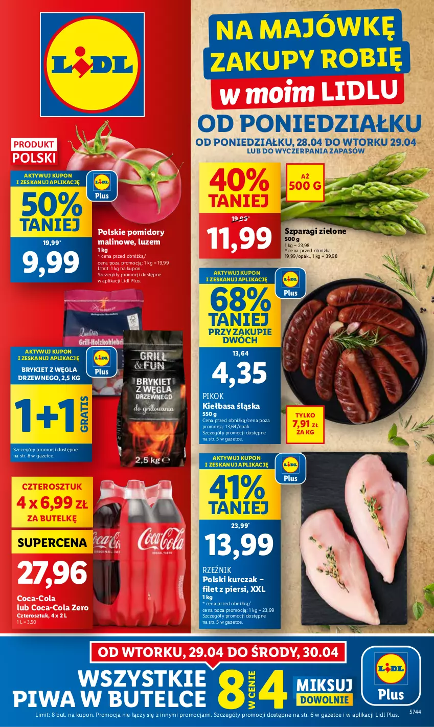 Gazetka promocyjna Lidl - GAZETKA - ważna 28.04 do 29.04.2025 - strona 1 - produkty: Coca-Cola, Gra, Kiełbasa, Kiełbasa śląska, Kurczak, PIKOK, Piwa, Pomidory