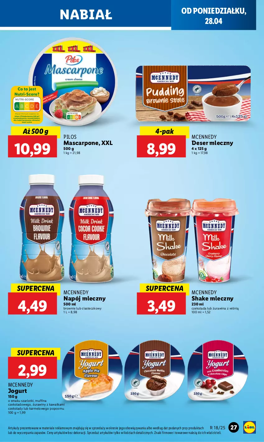 Gazetka promocyjna Lidl - GAZETKA - ważna 28.04 do 29.04.2025 - strona 27 - produkty: Brownie, Czekolada, Deser, Deser mleczny, Jogurt, Kawa, Mascarpone, Napój, Napój mleczny, Pilos, Popcorn, Ser