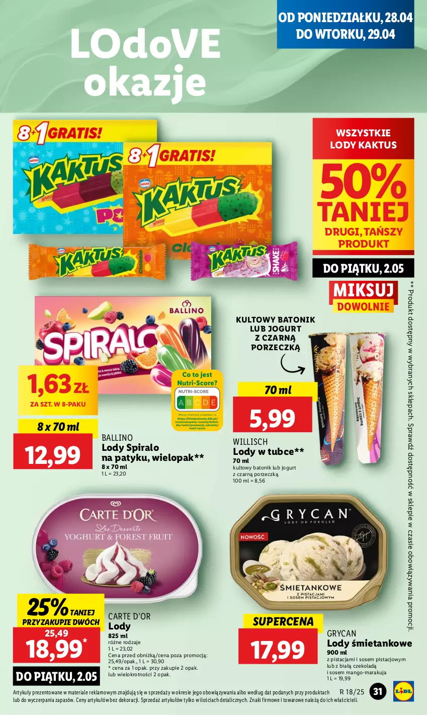 Gazetka promocyjna Lidl - GAZETKA - ważna 28.04 do 29.04.2025 - strona 31 - produkty: Baton, Dove, Gry, Jogurt, Kaktus, Lody, Mango, Por, Sos, Tonik