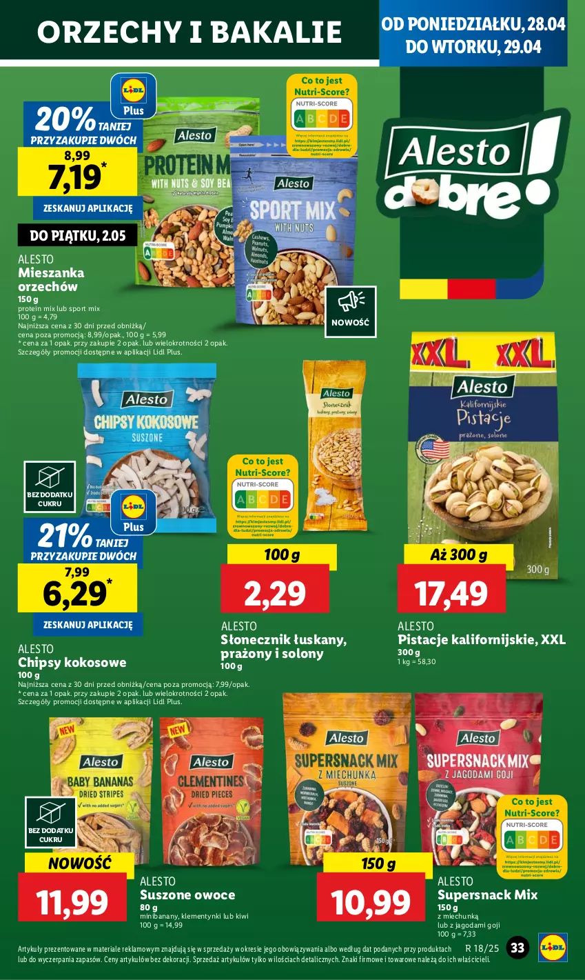 Gazetka promocyjna Lidl - GAZETKA - ważna 28.04 do 29.04.2025 - strona 33 - produkty: Banany, Chipsy, Kiwi, Klementynki, Kokos, Owoce, Pistacje, Por, Sport