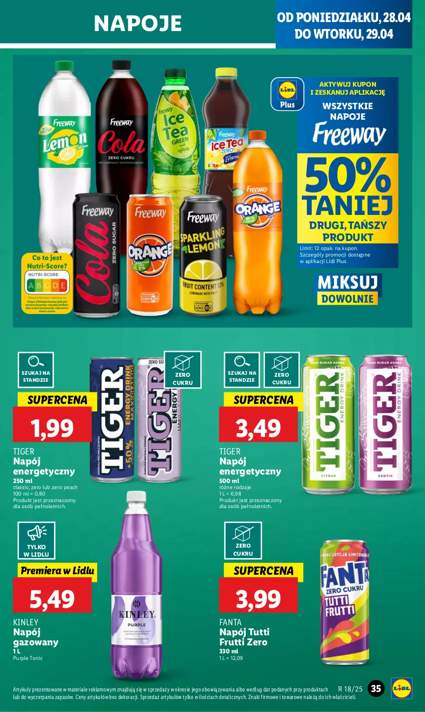 Gazetka promocyjna Lidl - GAZETKA - ważna 28.04 do 29.04.2025 - strona 35 - produkty: Fa, Fanta, Napój, Napój energetyczny, Napój gazowany, Napoje, Pur, Tiger